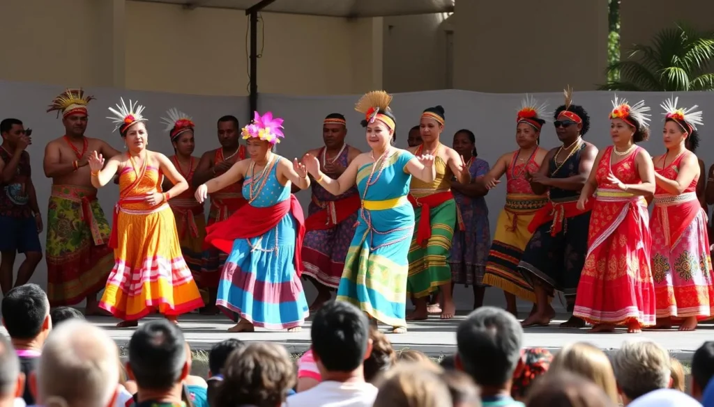 Traditional Nauruan dance performance with colorful costumes Traditional Nauruan dance performance with colorful costumes