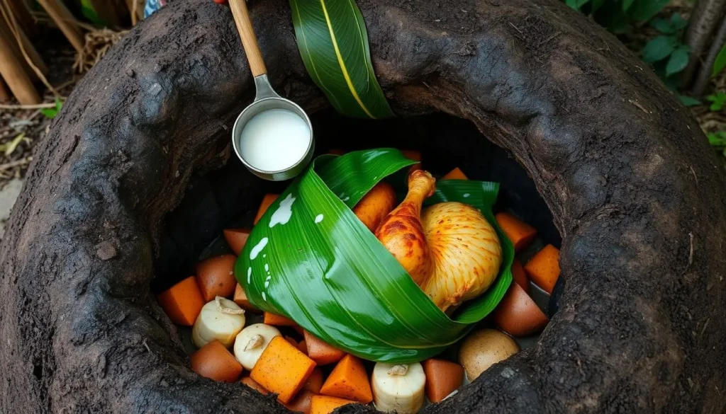 Traditional New Caledonian bougna dish being prepared in earth oven