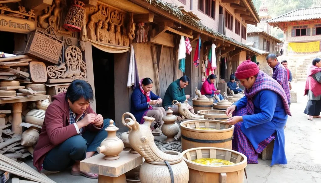 Traditional Newari villages with master woodcarvers and traditional mustard oil production.