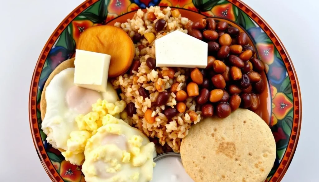 Traditional Nicaraguan dish of Gallo Pinto with plantains, cheese, and tortillas