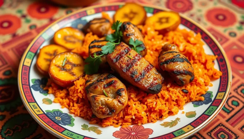 Traditional Nigerian jollof rice with grilled chicken and plantains served on a colorful plate Traditional Nigerian jollof rice with grilled chicken and plantains served on a colorful plate