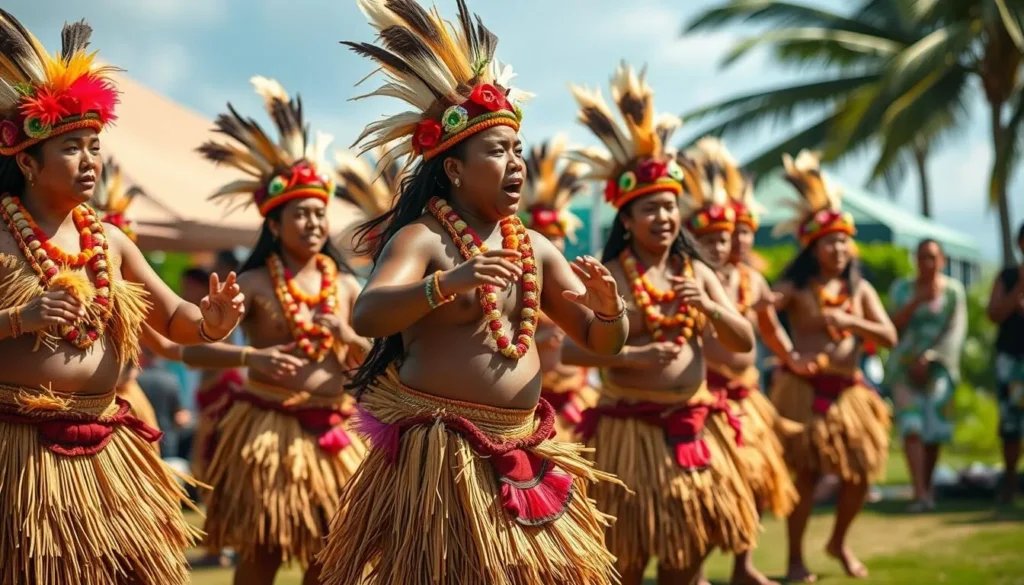 Traditional Niuean cultural performance with dancers in traditional costumes