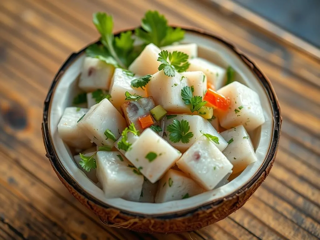 Traditional Niuean dish of ika mata served in a coconut shell