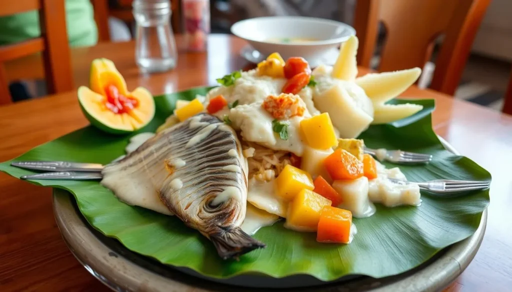 Traditional Palauan seafood dish with coconut and taro Traditional Palauan seafood dish with coconut and taro