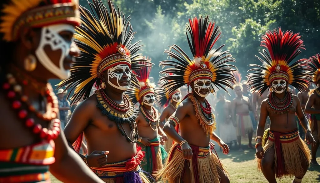 Traditional Papua New Guinea cultural festival with colorfully dressed performers