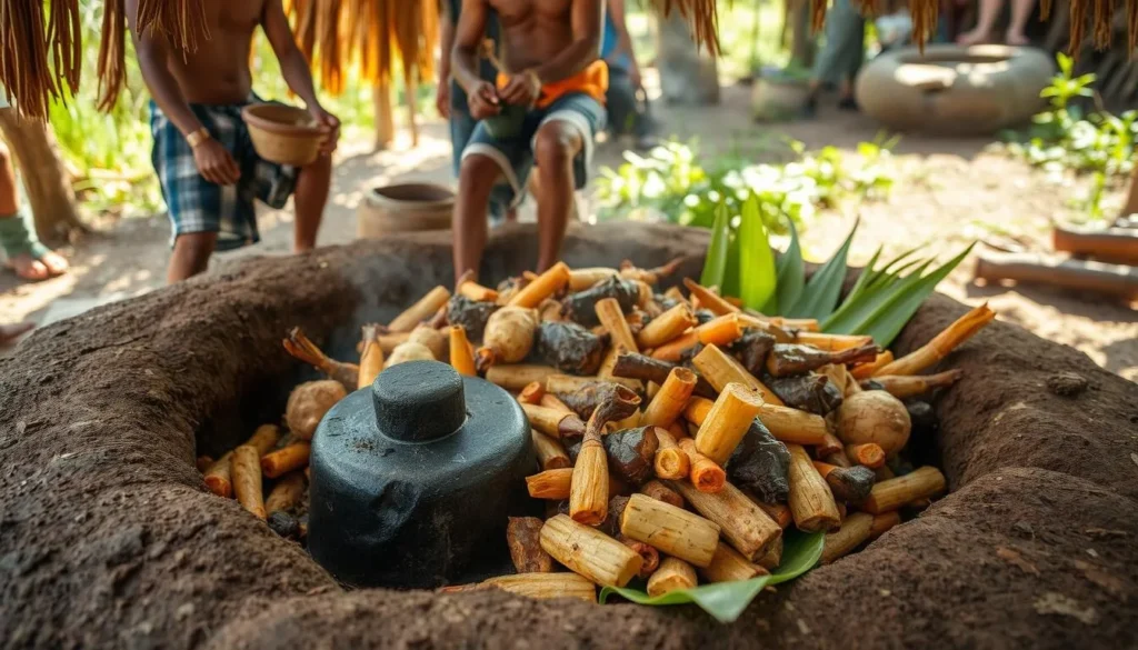 Traditional Papua New Guinea mumu feast with food cooked in earth oven
