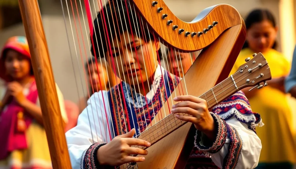 Traditional Paraguayan harpist performing folk music Traditional Paraguayan harpist performing folk music
