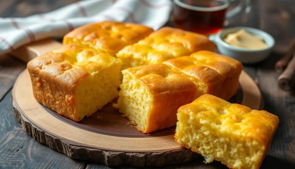 Traditional Paraguayan sopa paraguaya (cheese bread) served on a wooden board Traditional Paraguayan sopa paraguaya (cheese bread) served on a wooden board