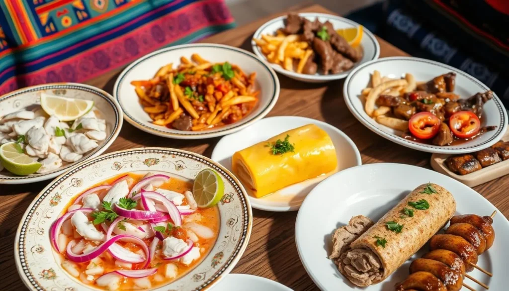 Traditional Peruvian dishes including ceviche, lomo saltado, and causa on a restaurant table Traditional Peruvian dishes including ceviche, lomo saltado, and causa on a restaurant table