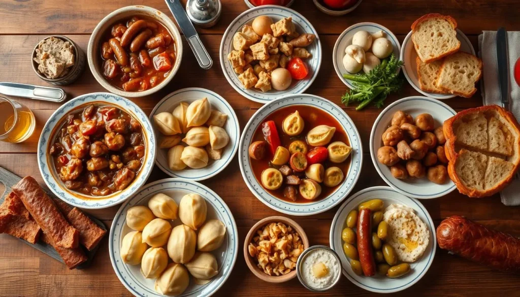 Traditional Polish feast with various dishes including bigos, pierogi, kielbasa, and bread with lard