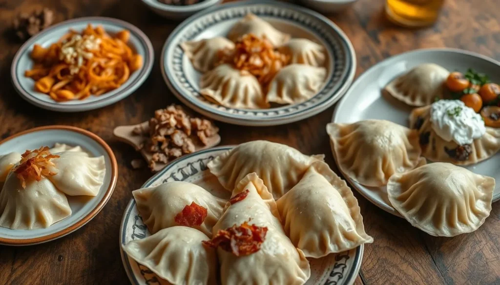 Traditional Polish pierogi with various fillings and garnishes on a rustic wooden table
