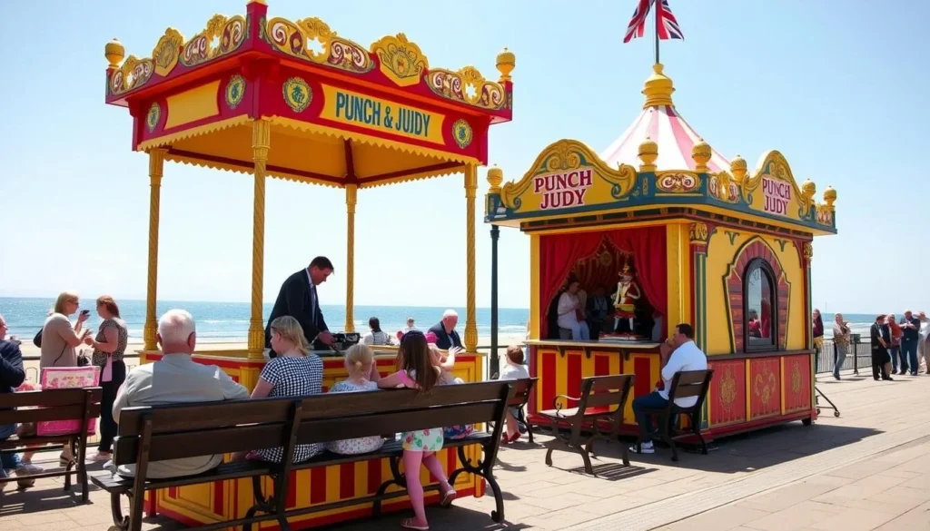 Traditional Punch and Judy show on Llandudno promenade with families watching Traditional Punch and Judy show on Llandudno promenade with families watching