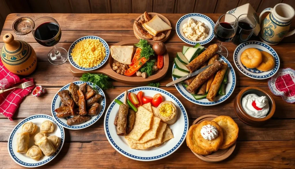 Traditional Romanian food spread with sarmale, mămăligă, and local wines Traditional Romanian food spread with sarmale, mămăligă, and local wines