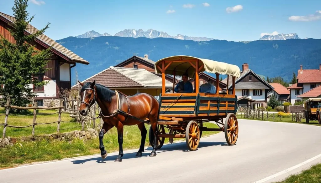 Traditional Romanian horse-drawn cart traveling through a rural village with mountains in the background Traditional Romanian horse-drawn cart traveling through a rural village with mountains in the background