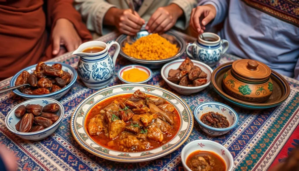 Traditional Sahrawi meal with camel meat tajine, couscous and mint tea Traditional Sahrawi meal with camel meat tajine, couscous and mint tea