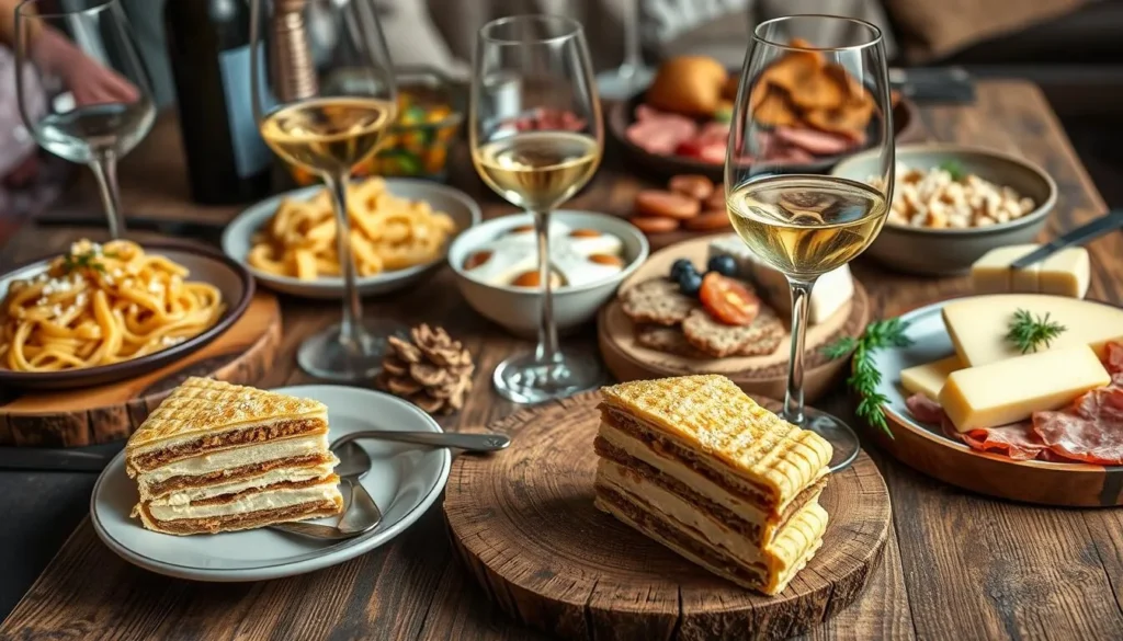 Traditional San Marino cuisine including Torta Tre Monti cake and local wine Traditional San Marino cuisine including Torta Tre Monti cake and local wine