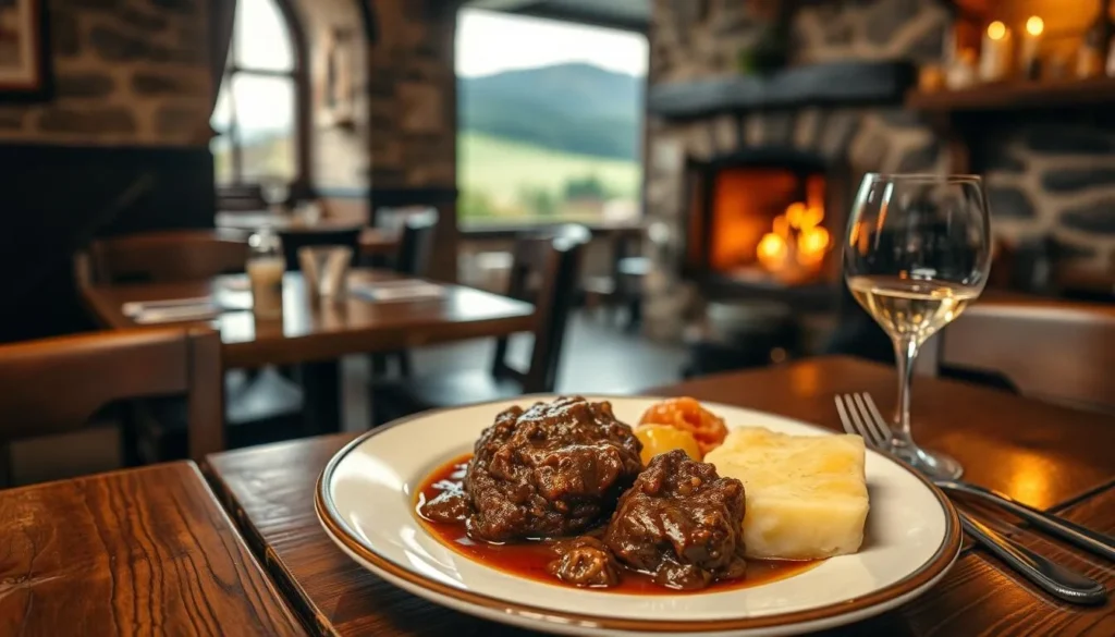 Traditional Scottish meal being served in a cozy pub near Loch Ness