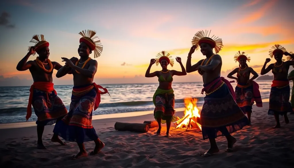 Traditional Sega dancers performing on a beach in Mauritius with colorful costumes