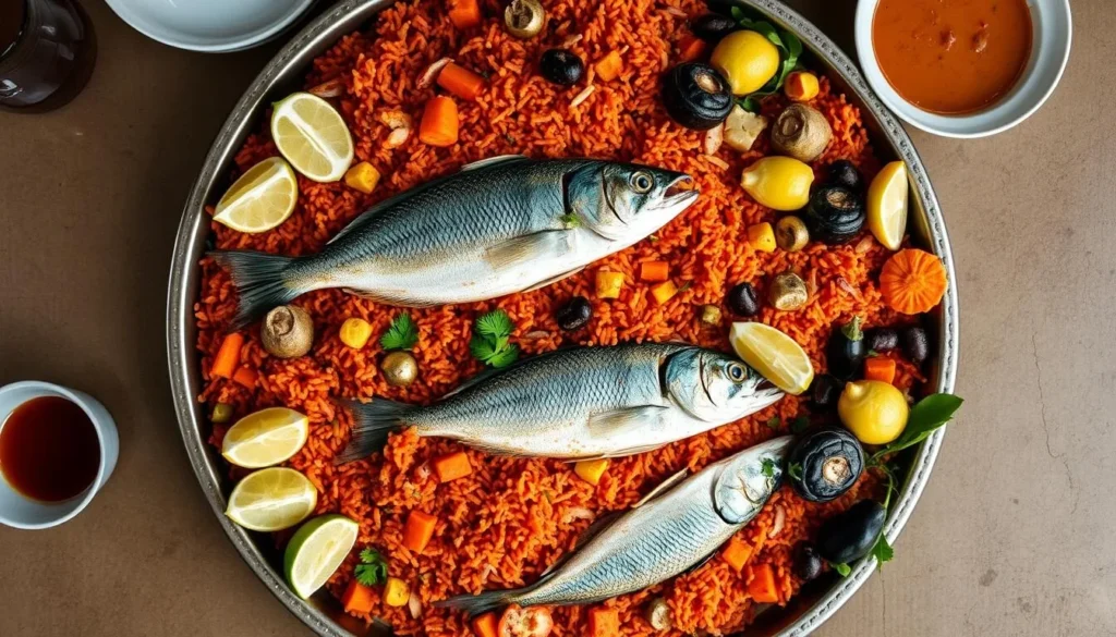 Traditional Senegalese Thieboudienne dish with fish, rice, and vegetables Traditional Senegalese Thieboudienne dish with fish, rice, and vegetables