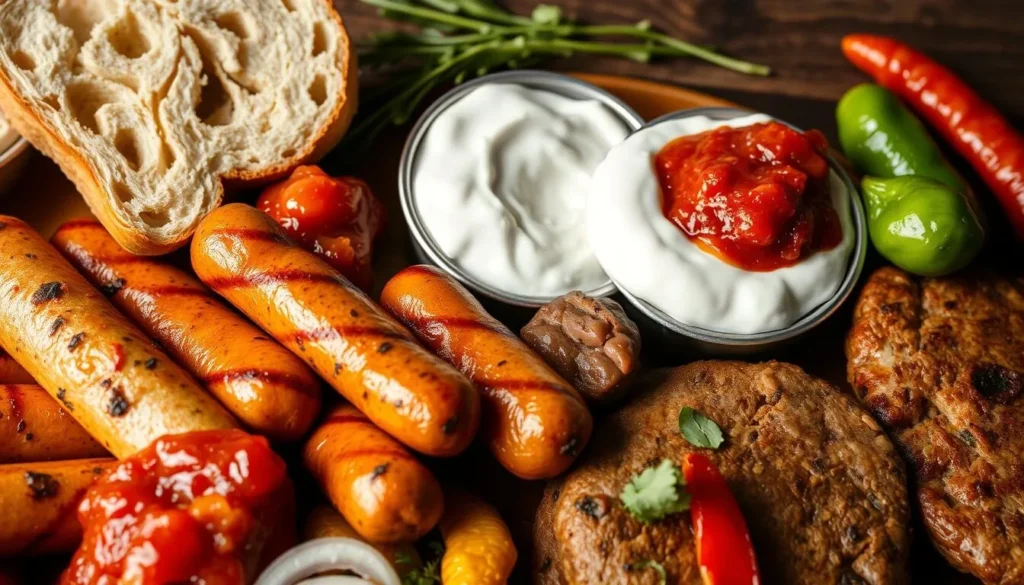 Traditional Serbian food platter with ćevapi, ajvar, kajmak, and pljeskavica Traditional Serbian food platter with ćevapi, ajvar, kajmak, and pljeskavica