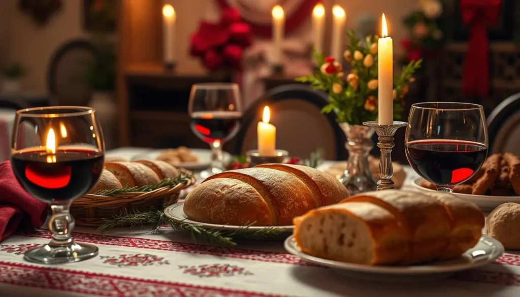 Traditional Serbian slava celebration with bread, wine, and candle Traditional Serbian slava celebration with bread, wine, and candle