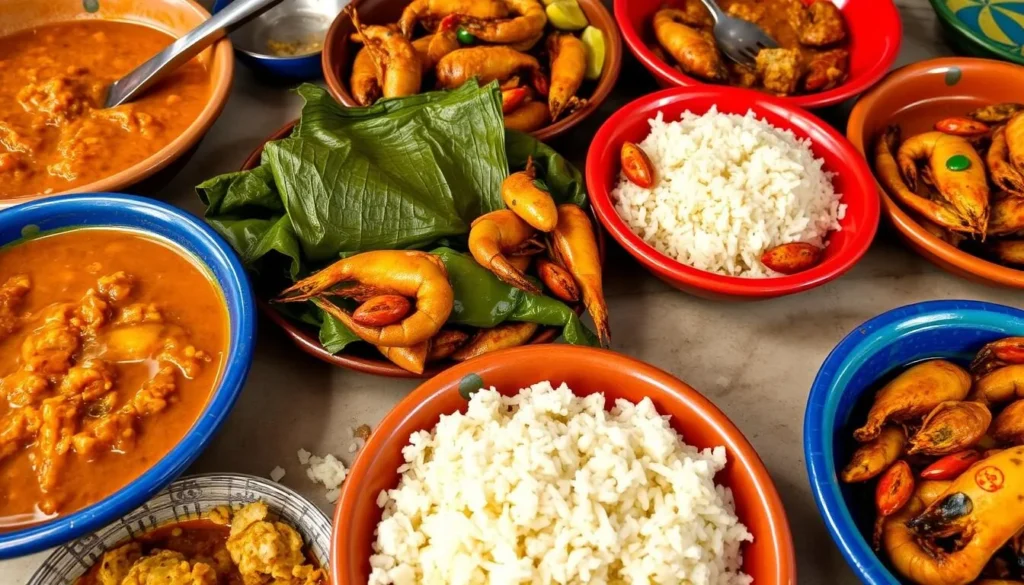 Traditional Sierra Leonean meal featuring cassava leaf stew, rice, and fresh seafood served in colorful dishes Traditional Sierra Leonean meal featuring cassava leaf stew, rice, and fresh seafood served in colorful dishes