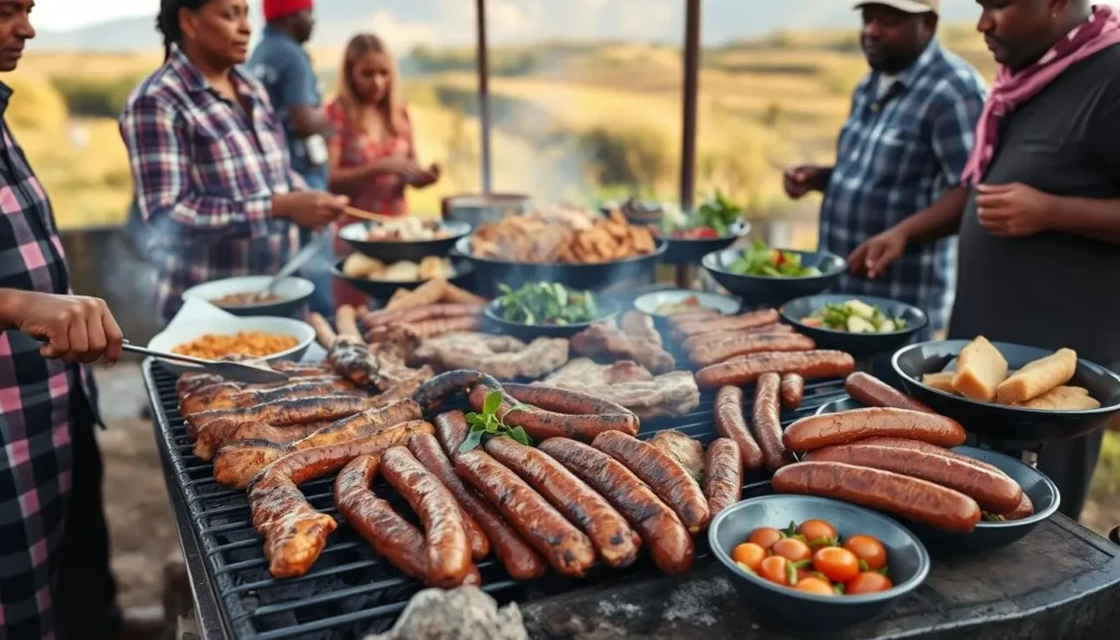 Traditional South African braai (barbecue) with diverse foods, representing cultural South Africa best things to do Traditional South African braai (barbecue) with diverse foods, representing cultural South Africa best things to do