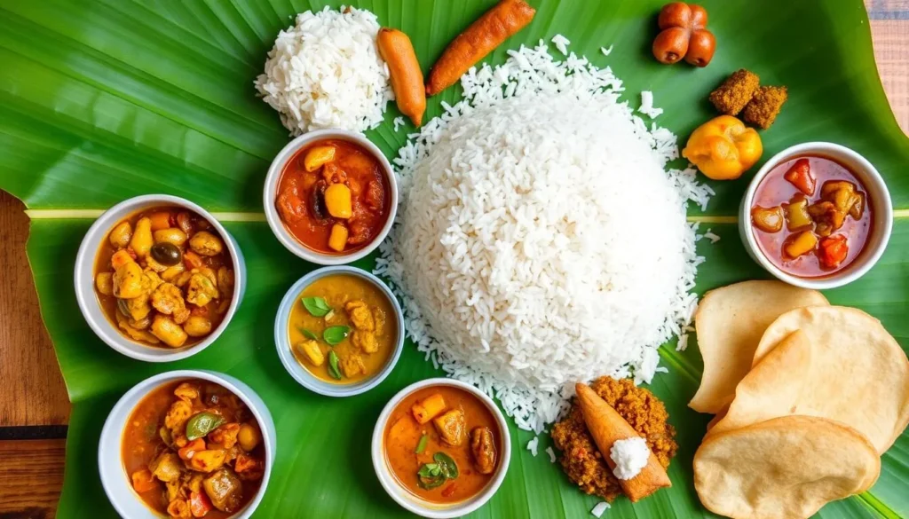 Traditional Sri Lankan rice and curry spread with various dishes