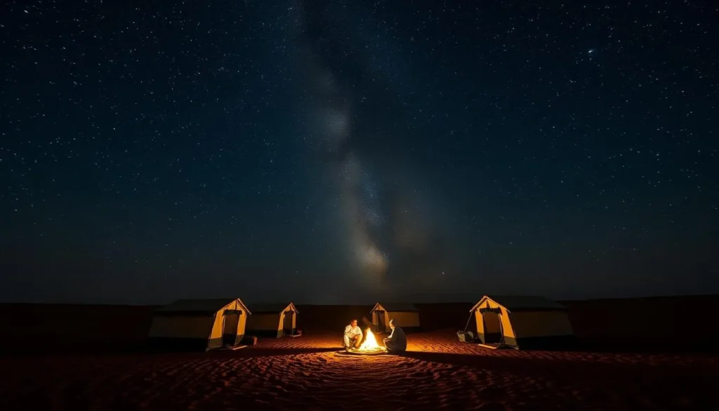 Traditional Sudanese desert camp at night with campfire and starry sky
