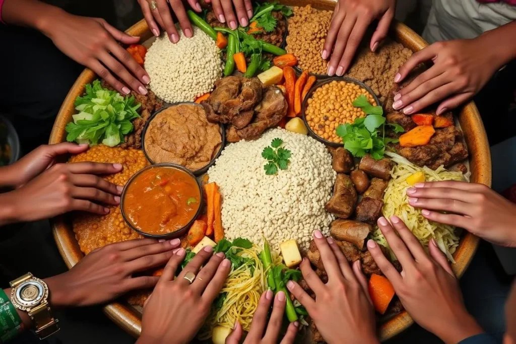 Traditional Sudanese meal served on a large communal platter