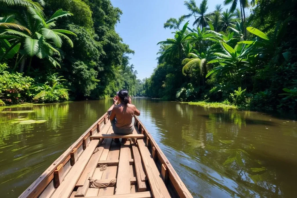 Traditional Surinamese boat transportation on a river through the rainforest