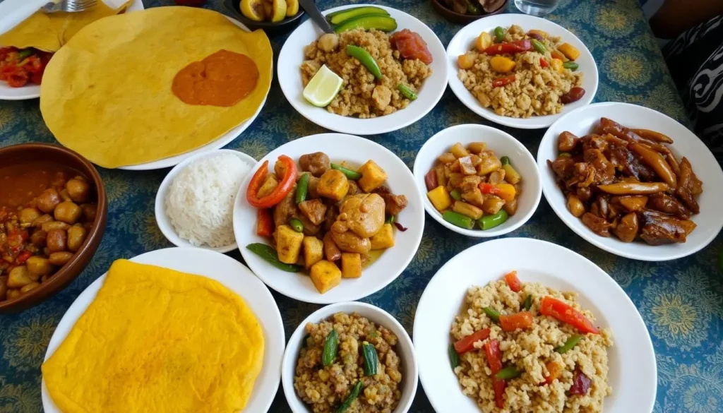 Traditional Surinamese food including roti, pom, and rice dishes