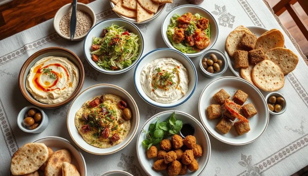 Traditional Syrian mezze spread with various dishes Traditional Syrian mezze spread with various dishes