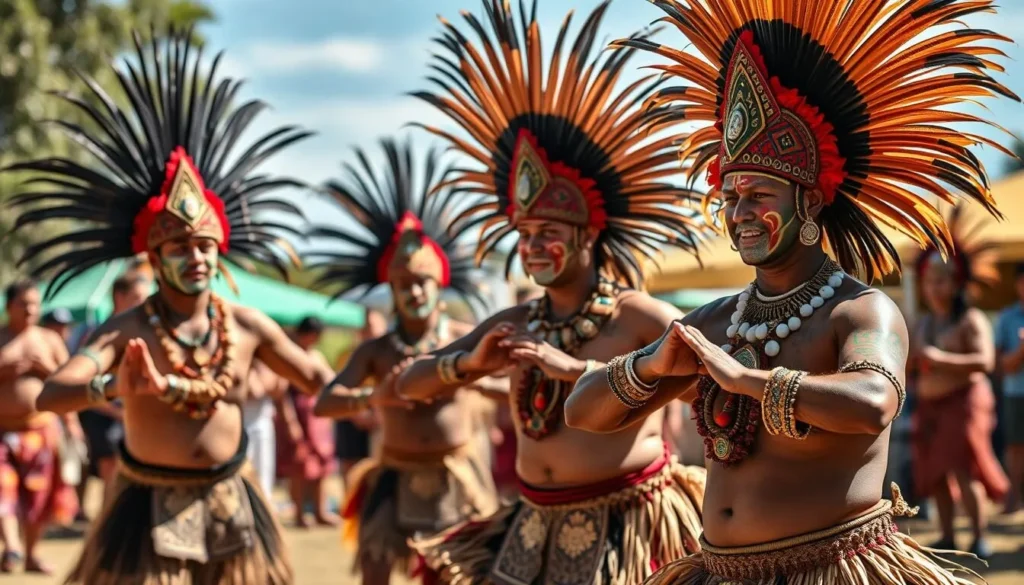 Traditional Torres Strait Islander dancers performing in colorful headdresses and costumes Traditional Torres Strait Islander dancers performing in colorful headdresses and costumes