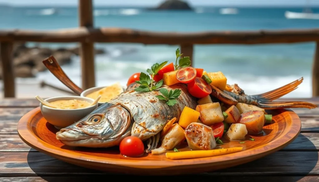 Traditional Torres Strait Islander seafood dish with fresh fish, coconut, and tropical fruits Traditional Torres Strait Islander seafood dish with fresh fish, coconut, and tropical fruits