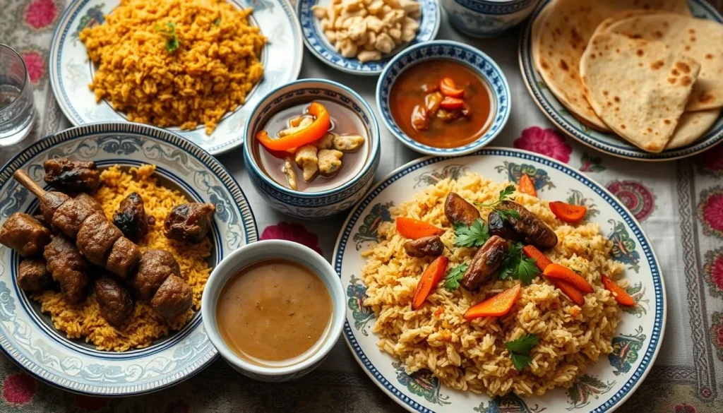 Traditional Turkmen food including pilaf and shashlik, representing culinary experiences and best things to do in Turkmenistan Traditional Turkmen food including pilaf and shashlik, representing culinary experiences and best things to do in Turkmenistan