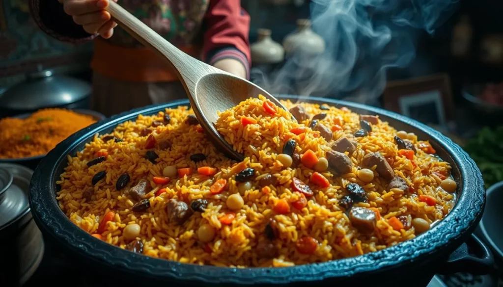 Traditional Uzbek plov being prepared in a large kazan (cooking pot), one of the best things to do in Uzbekistan is to try this national dish Traditional Uzbek plov being prepared in a large kazan (cooking pot), one of the best things to do in Uzbekistan is to try this national dish