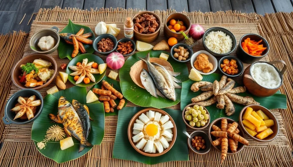 Traditional Wallisian feast with seafood, taro, and tropical fruits