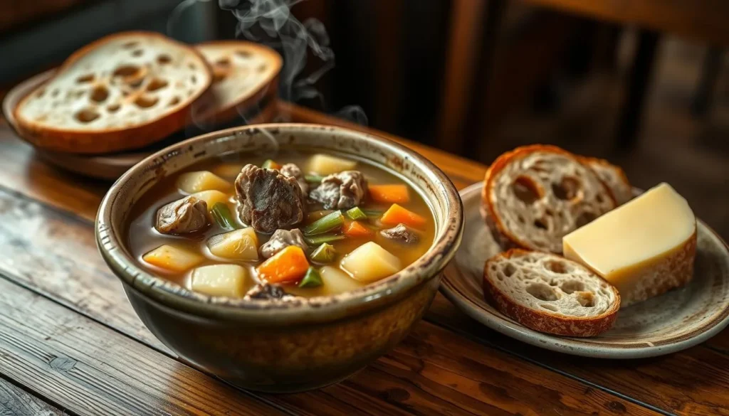 Traditional Welsh cawl soup served in a rustic bowl with crusty bread and Welsh cheese