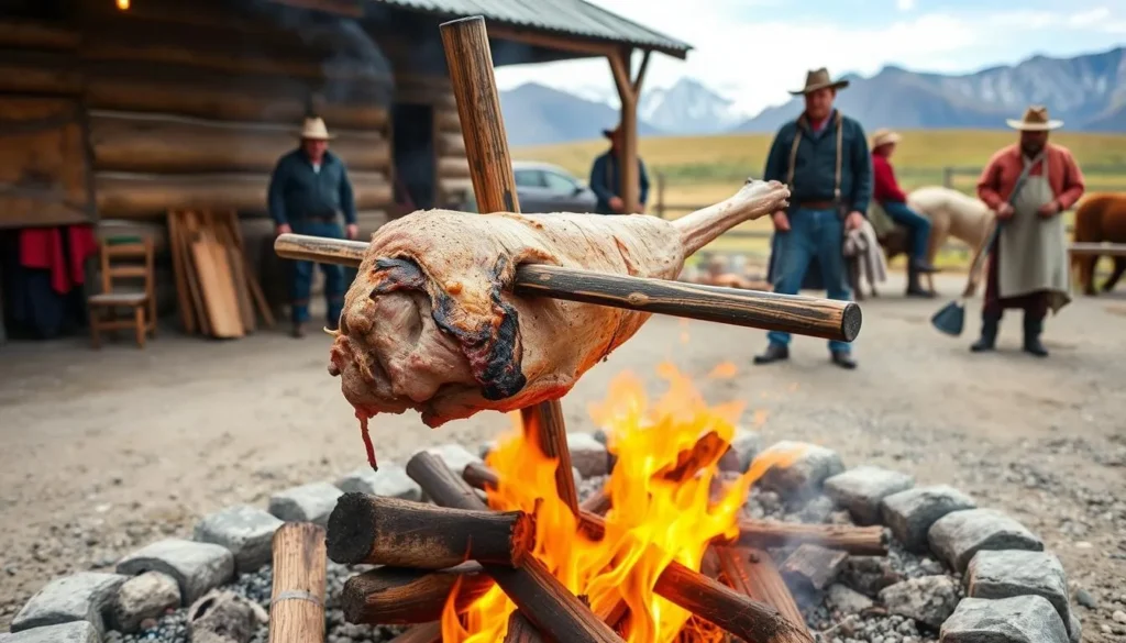 Traditional asado (barbecue) being prepared at a Patagonian estancia with gauchos and mountains in background Traditional asado (barbecue) being prepared at a Patagonian estancia with gauchos and mountains in background
