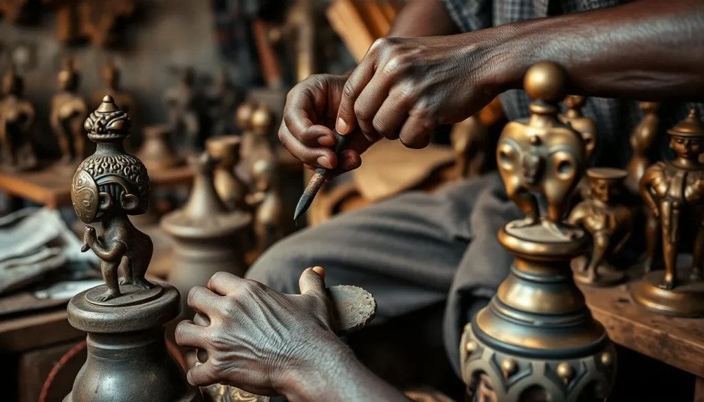 Traditional bronze caster at work in Benin City creating intricate artwork using ancient techniques Traditional bronze caster at work in Benin City creating intricate artwork using ancient techniques