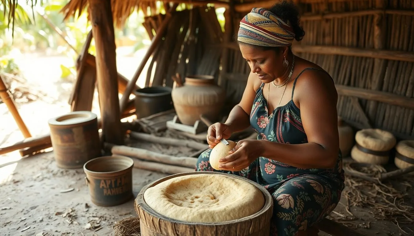 Traditional cassava bread making demonstration in an indigenous village in Guyana