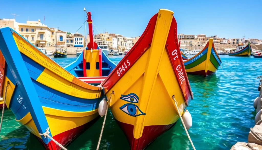 Traditional colorful Maltese fishing boats (luzzu) in Marsaxlokk harbor with their distinctive eye paintings on the bow Traditional colorful Maltese fishing boats (luzzu) in Marsaxlokk harbor with their distinctive eye paintings on the bow