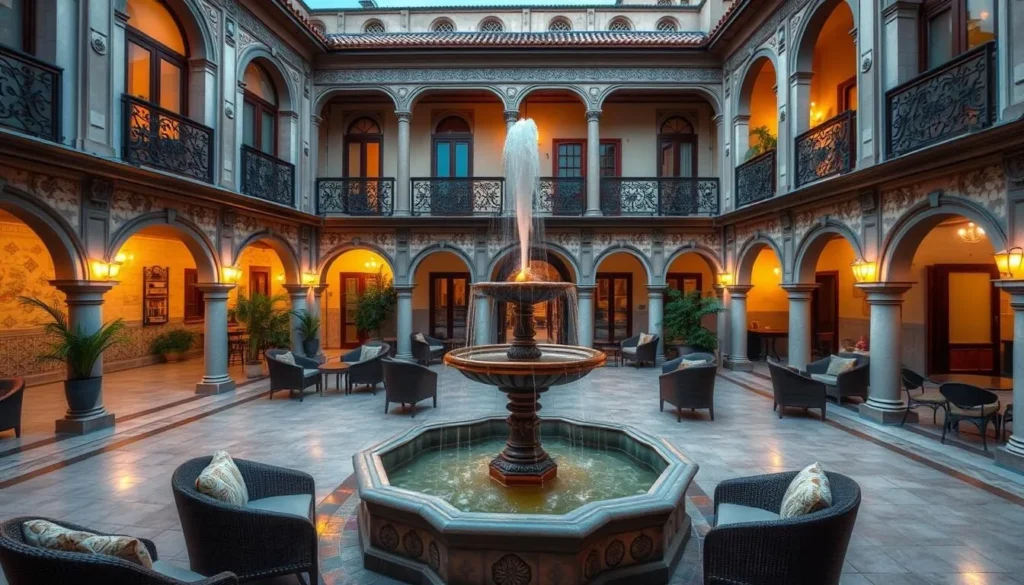 Traditional courtyard hotel in Damascus with fountain and architecture Traditional courtyard hotel in Damascus with fountain and architecture