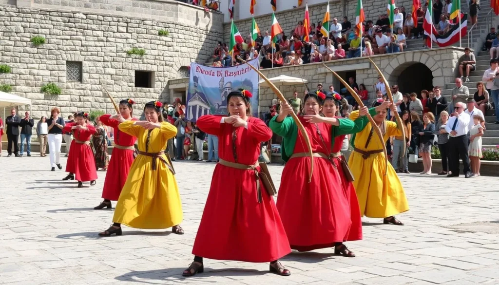 Traditional crossbow demonstration in San Marino with performers in medieval costumes Traditional crossbow demonstration in San Marino with performers in medieval costumes