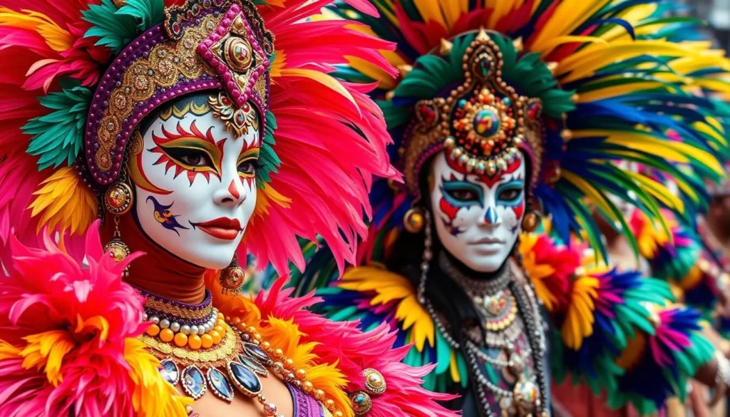 Traditional dancers at Barranquilla Carnival wearing colorful costumes and masks Traditional dancers at Barranquilla Carnival wearing colorful costumes and masks