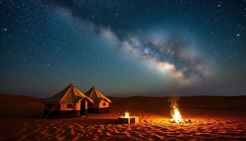 Traditional desert camp with tents under the starry night sky in Western Sahara Traditional desert camp with tents under the starry night sky in Western Sahara