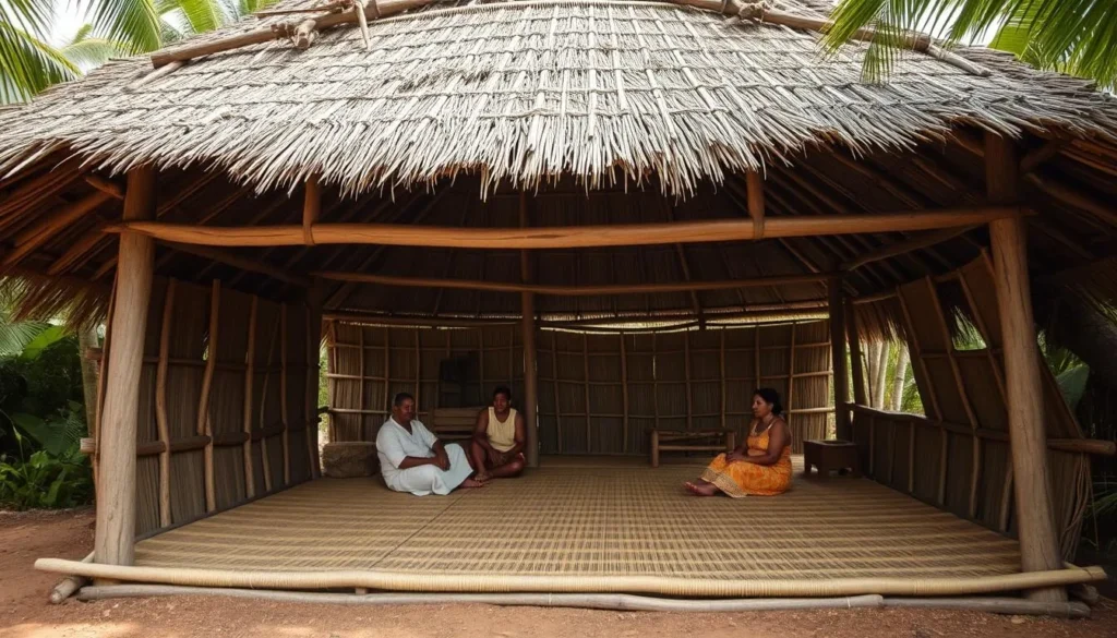 Traditional fale (house) in a Wallisian village with locals in traditional dress