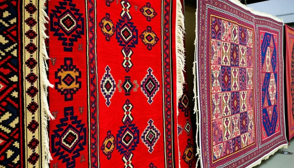 Traditional handwoven Turkmen carpets with distinctive gul patterns, representing the best things to do in Turkmenistan Traditional handwoven Turkmen carpets with distinctive gul patterns, representing the best things to do in Turkmenistan
