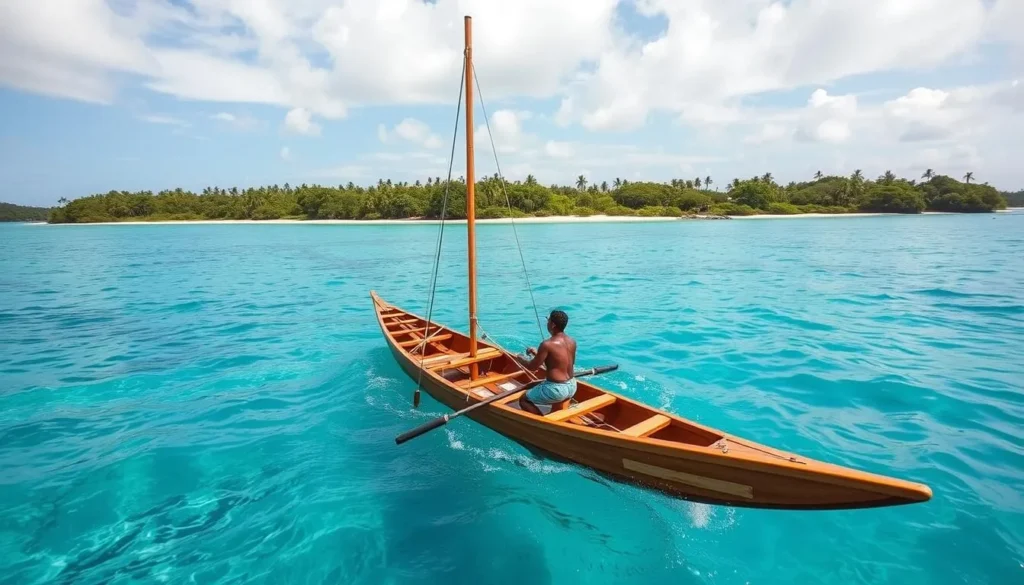 Traditional outrigger (pirogue) boat tour on Upi Bay, Isle of Pines, New Caledonia
